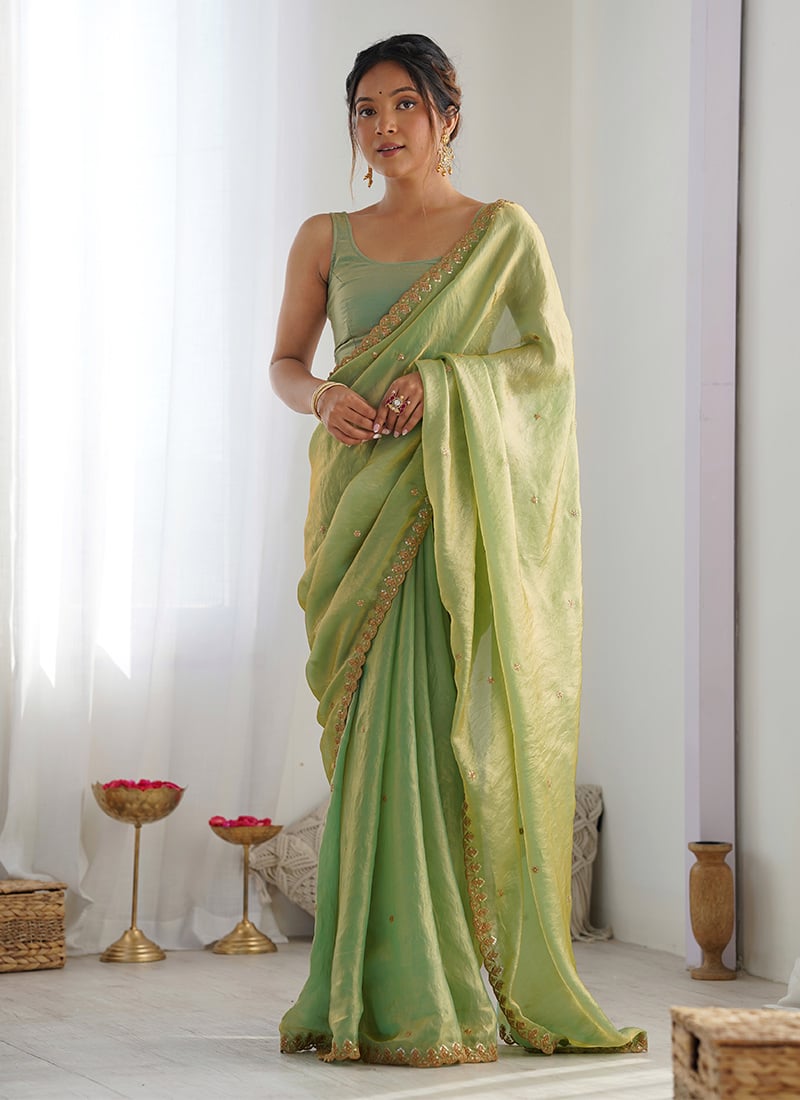 Radiant Green Fendy Satin Sequins Embroidered Saree After Six Wear