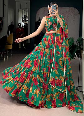 Radiant Green Georgette Floral Print Umbrella Lehenga