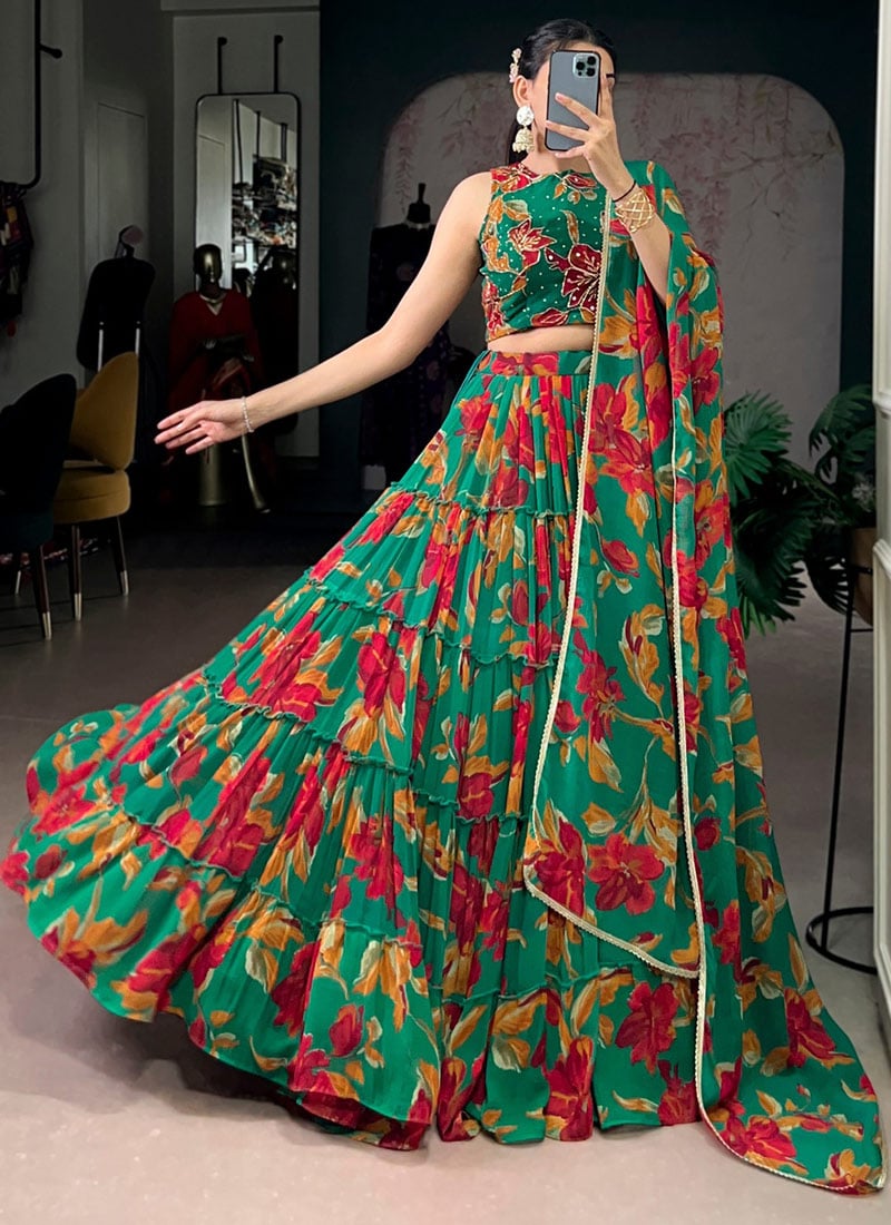 Radiant Green Georgette Floral Print Umbrella Lehenga Festive Wear