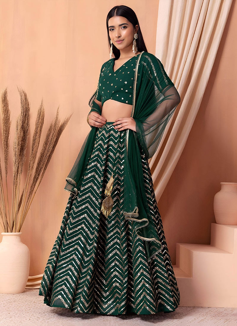Radiant Green Georgette Zari Embroidered Sequins A Line Lehenga Wedding Wear