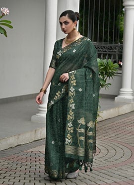 Radiant Green Jute Linen Silk Zari Woven Saree
