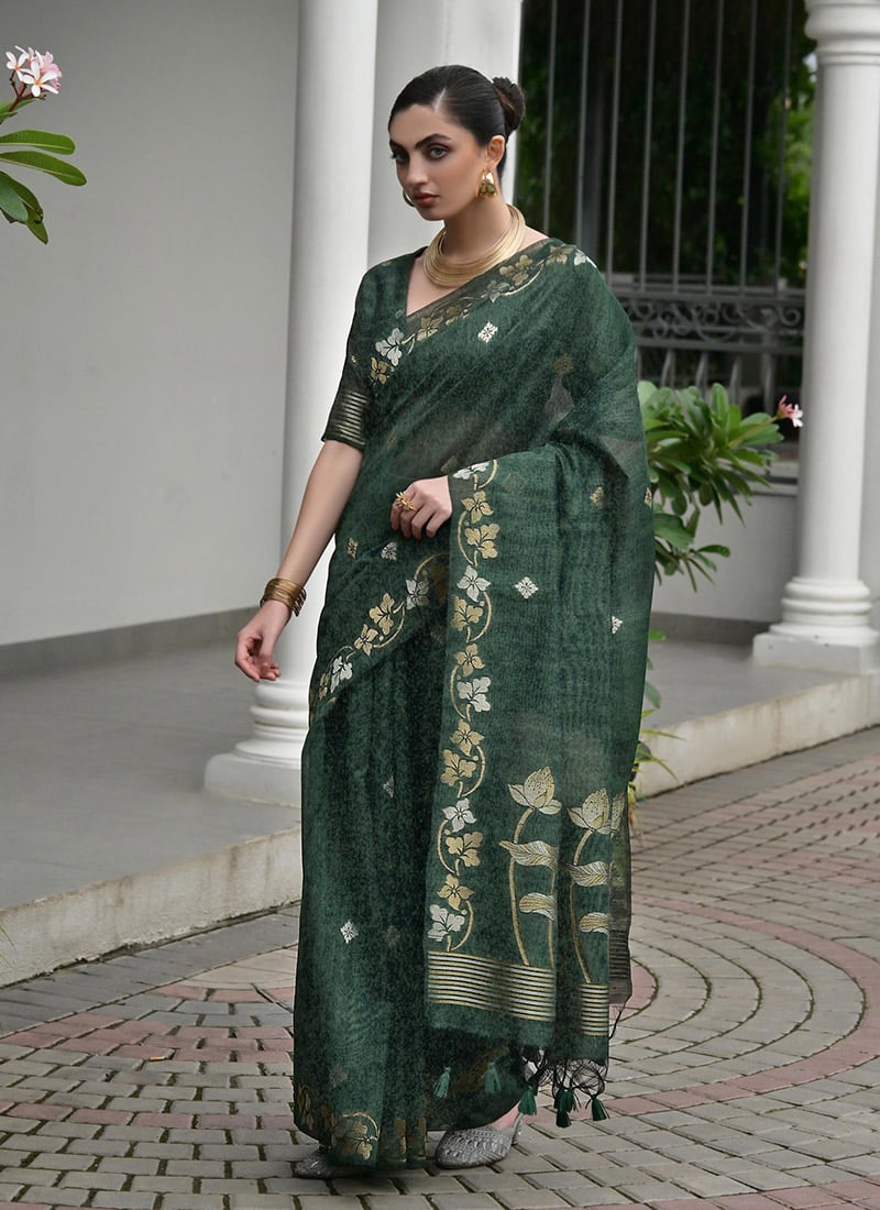 Radiant Green Jute Linen Silk Zari Woven Saree Festive Wear