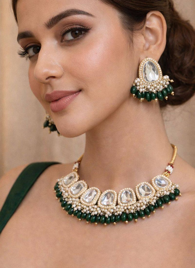 Radiant Green Kundan Pearl Choker Wedding Wear