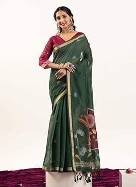 Radiant Green Muga Cotton Zari Printed Woven Saree