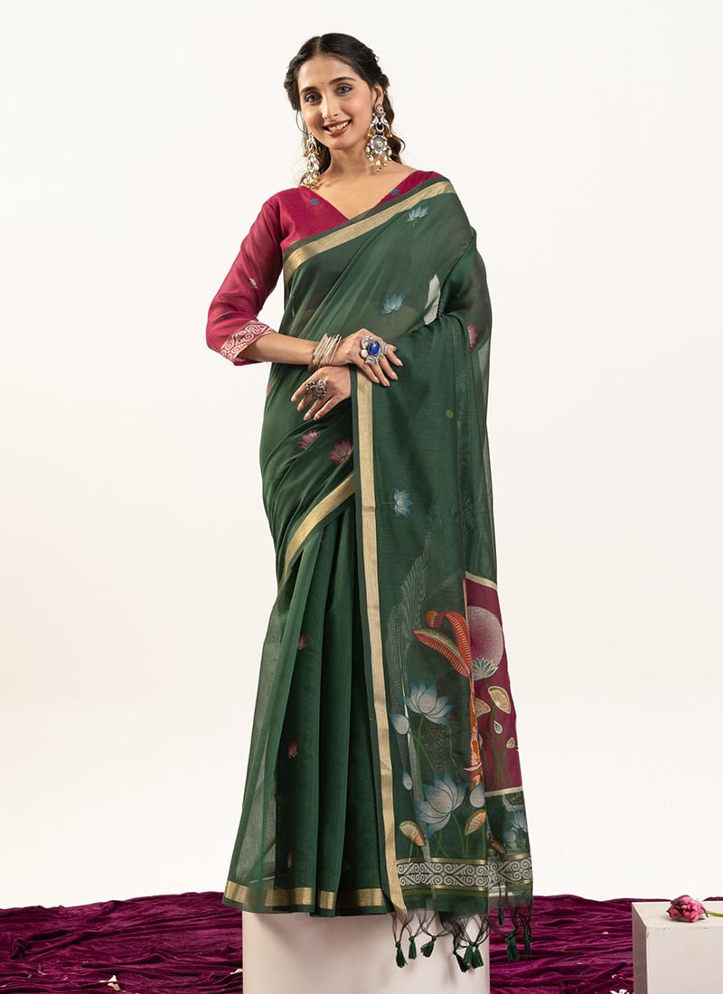 Radiant Green Muga Cotton Zari Printed Woven Saree After Six Wear