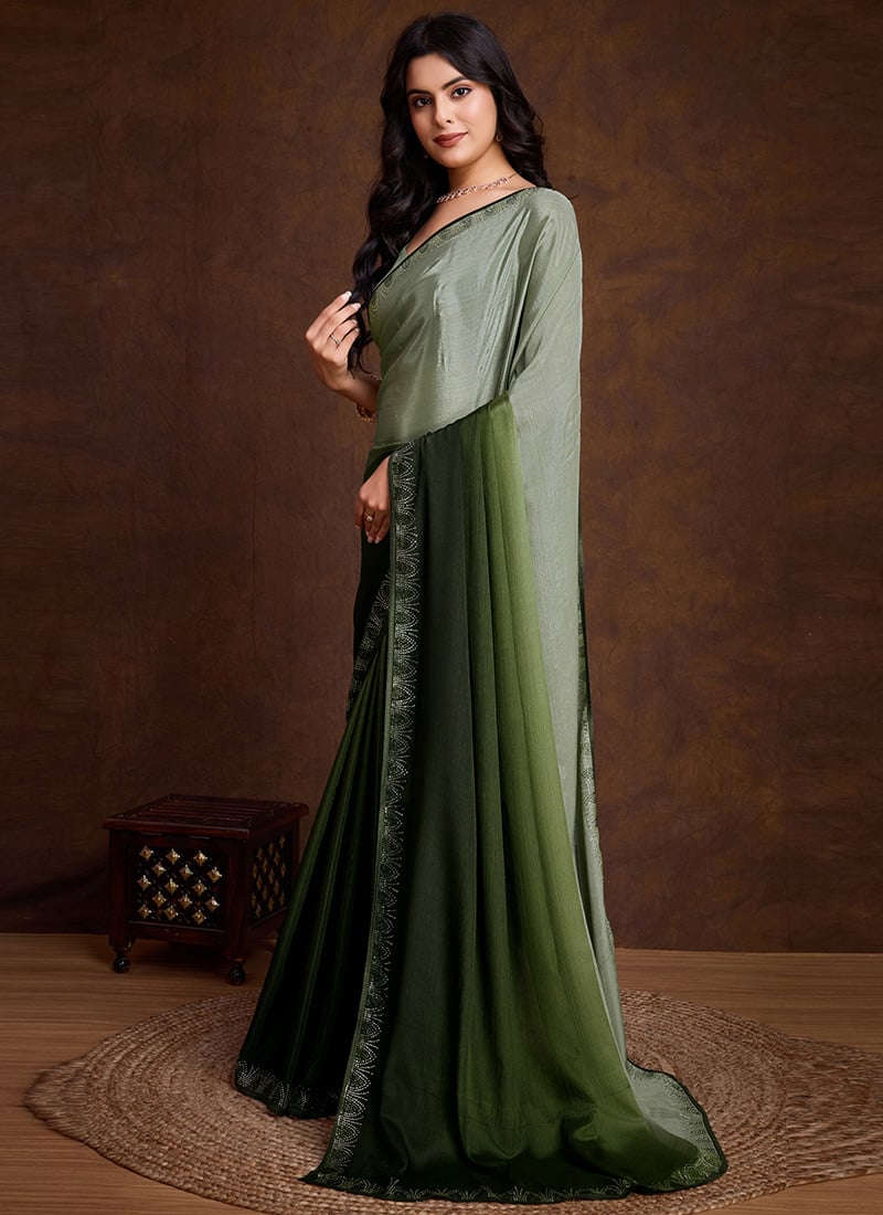 Radiant Green Shaded Chinon Tikki Work Saree After Six Wear