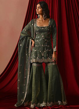 Radiant Green Silk Zari Sequins Embroidered Sharara Suit