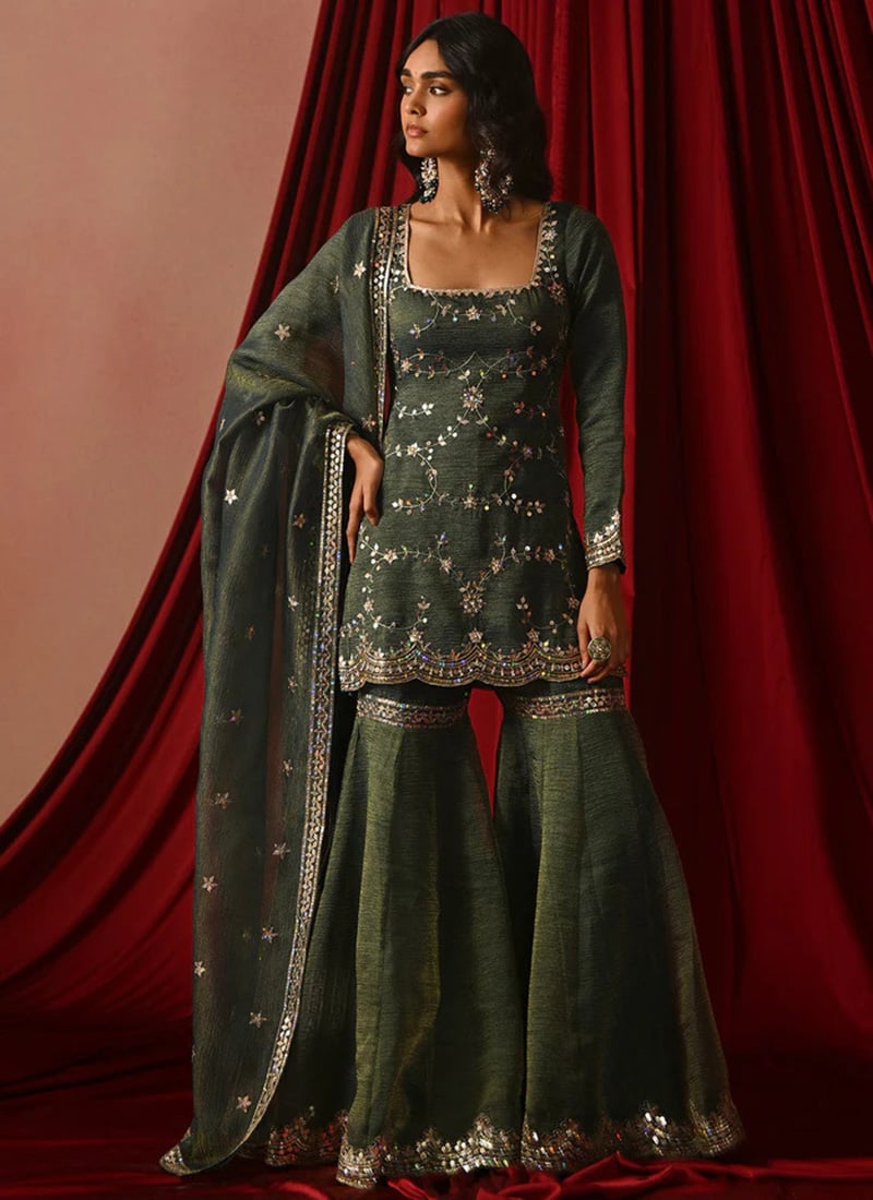 Radiant Green Silk Zari Sequins Embroidered Sharara Suit Festive Wear
