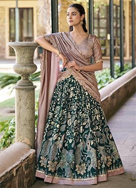 Radiant Green Tussar Silk Kalamkari Print With Lace Border Umbrella Lehenga