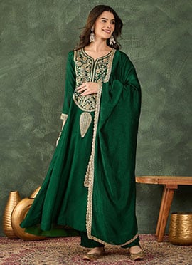 Radiant Green Vichitra Silk Embroidered Straight Pant Suit