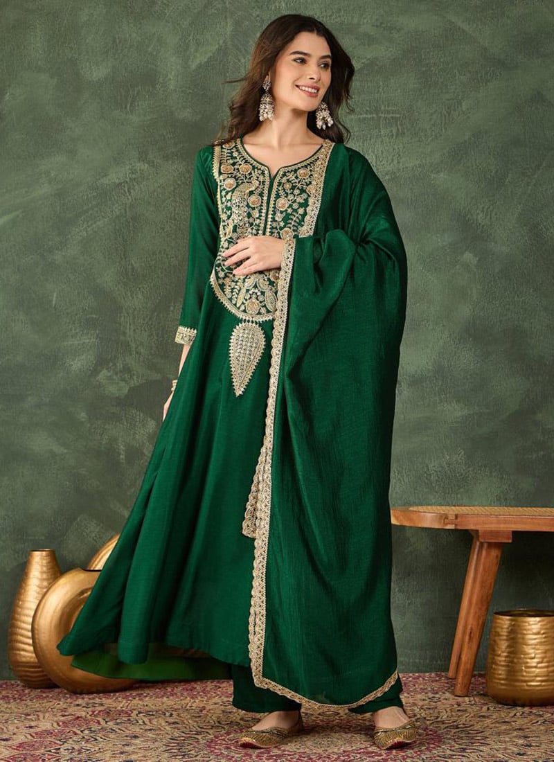 Radiant Green Vichitra Silk Embroidered Straight Pant Suit After Six Wear