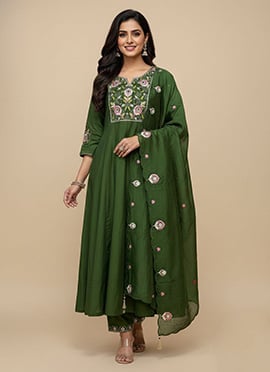 Radiant Green Viscose Silk Embroidered Sequins Anarkali Suit