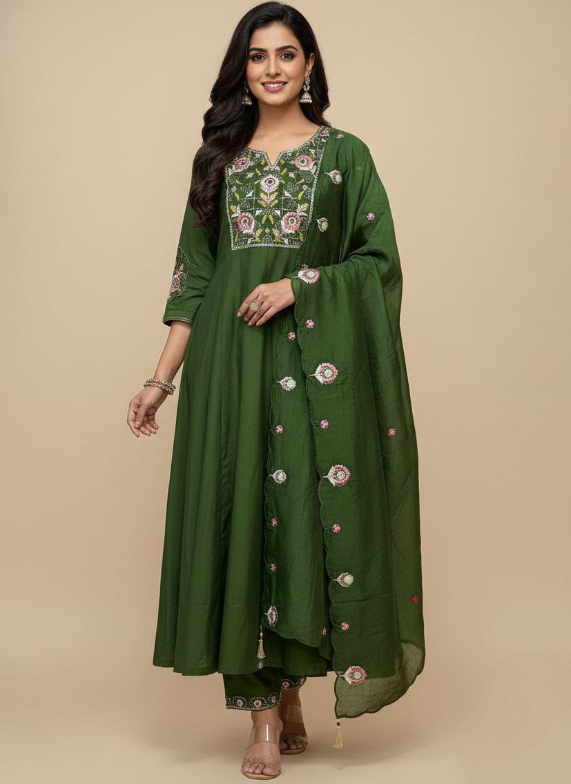 Radiant Green Viscose Silk Embroidered Sequins Anarkali Suit Festive Wear