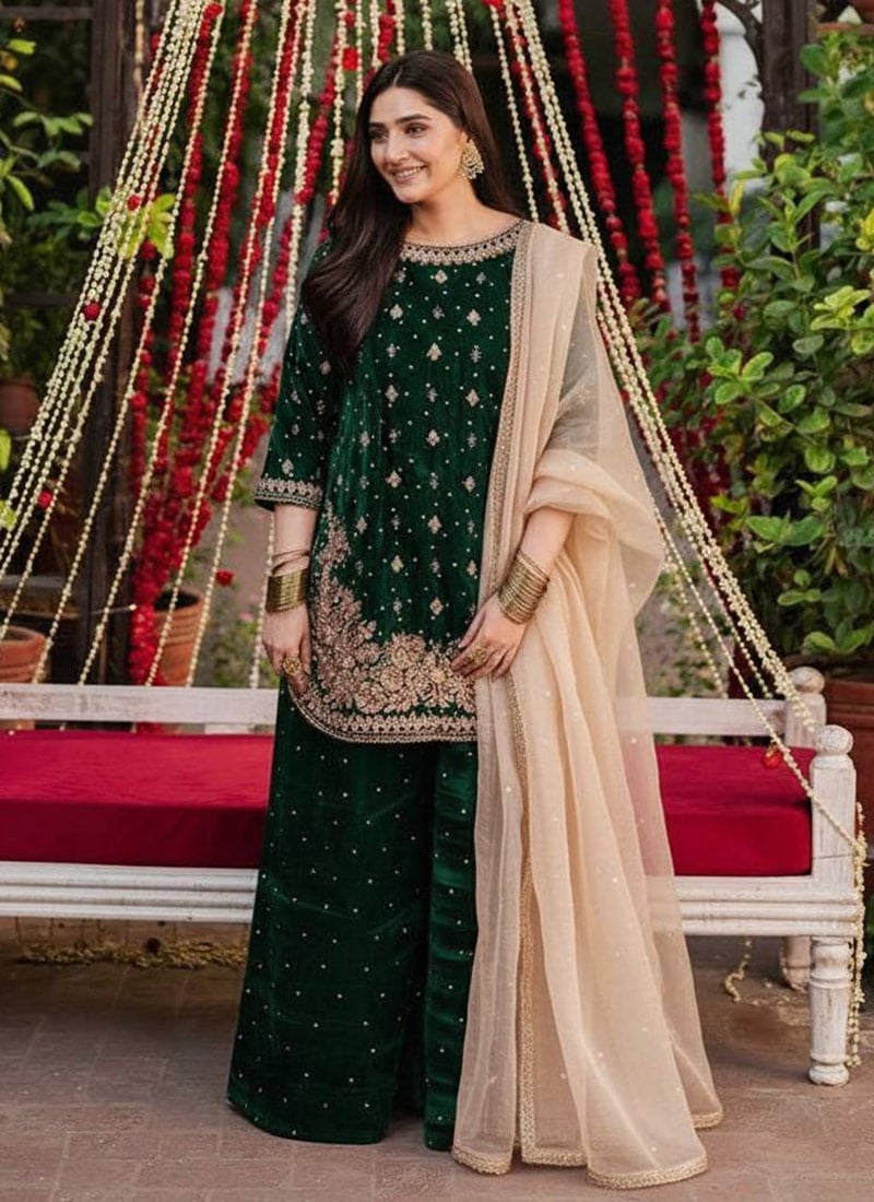 Radiant Green Viscose Velvet Embroidered Sequins Palazzo Suit After Six Wear