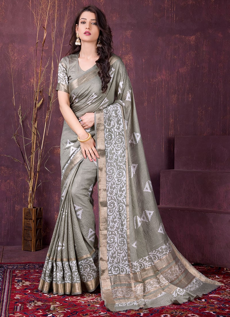 Radiant Grey Chanderi Silk Batik Print Saree After Six Wear
