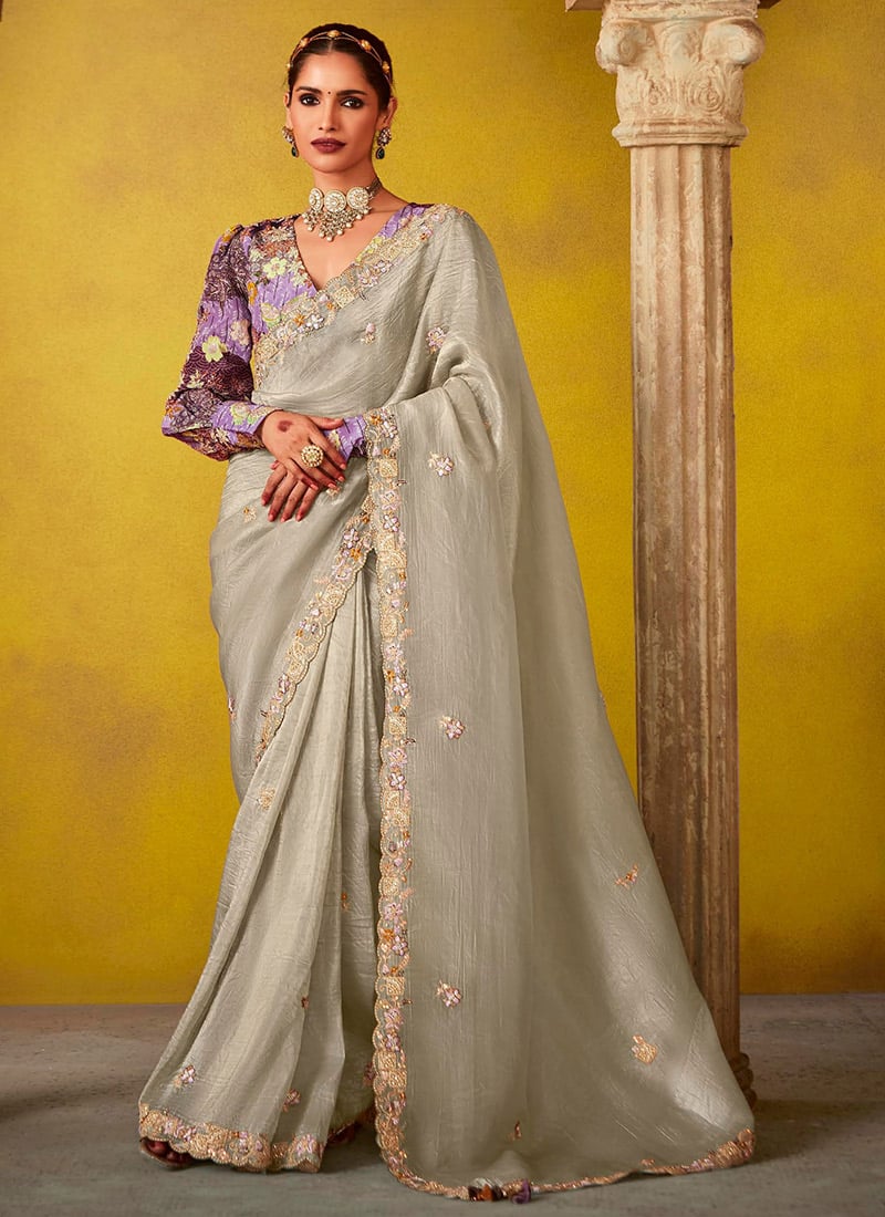 Radiant Grey Tissue Silk Embroidered Sequins With Beads Work Saree Wedding Wear