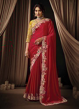 Radiant Hot Red Satin Silk Sequins Beads Hand Embroidered Stones Saree