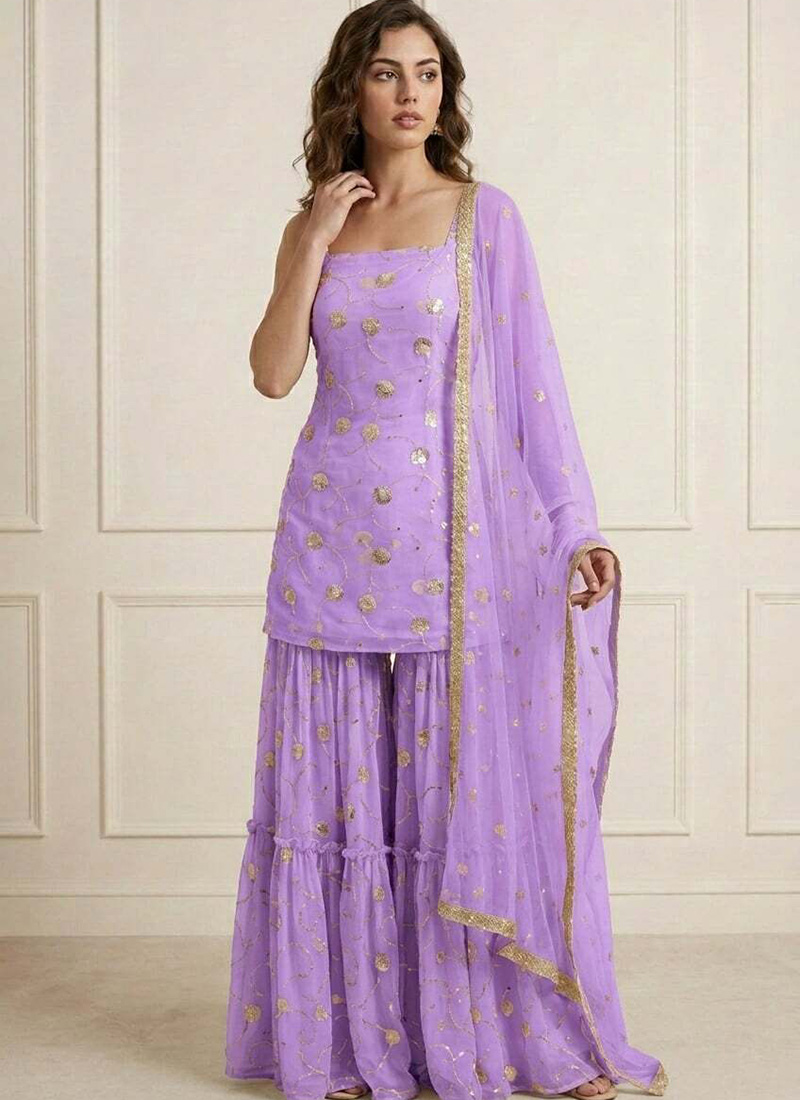 Radiant Lavender Faux Georgette Embroidered Sharara Suit Festive Wear