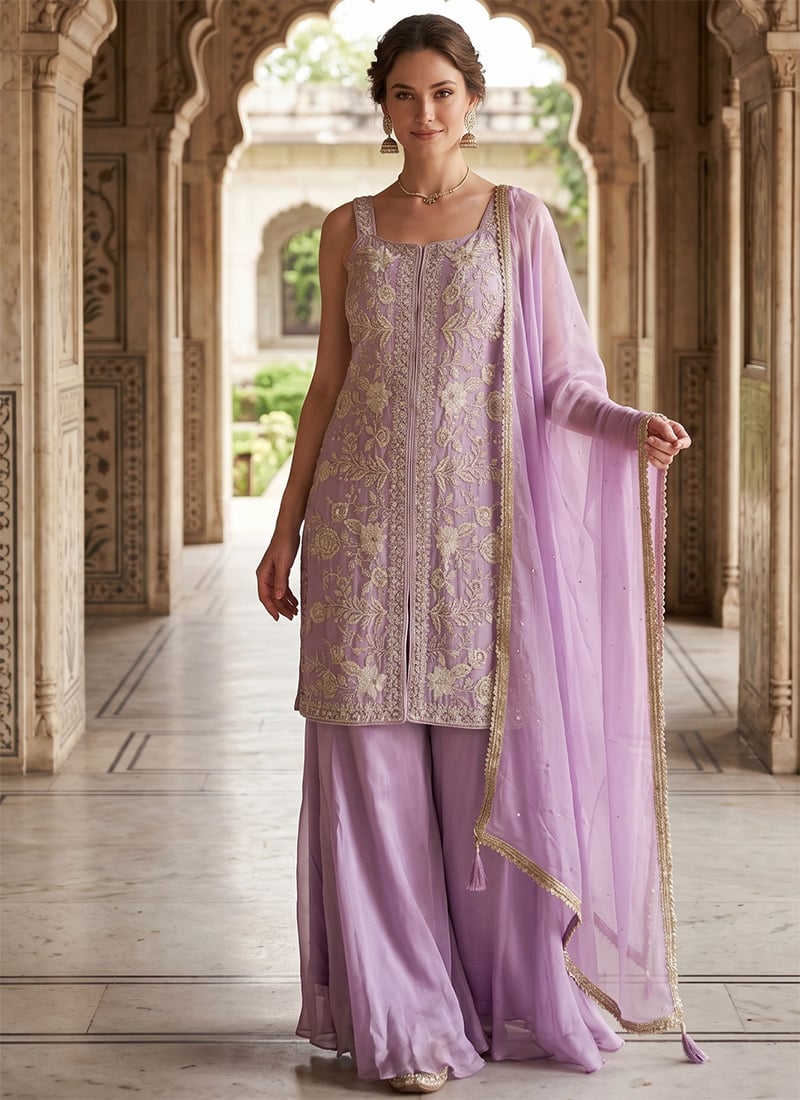 Radiant Lavender Lilac Chinnon Silk Beads Embroidered Sequins Palazzo Suit After Six Wear