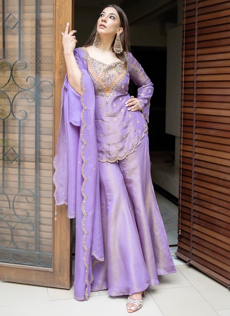 Radiant Lavender Shimmer Silk Embroidered Sequins Beads Thread Palazzo Suit Festive Wear