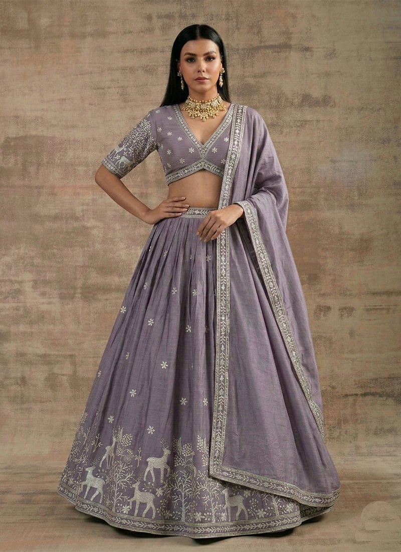 Radiant Lavender Super Satin Silk Sequins Zari Embroidered Resham Thread Umbrella Lehenga Wedding Wear