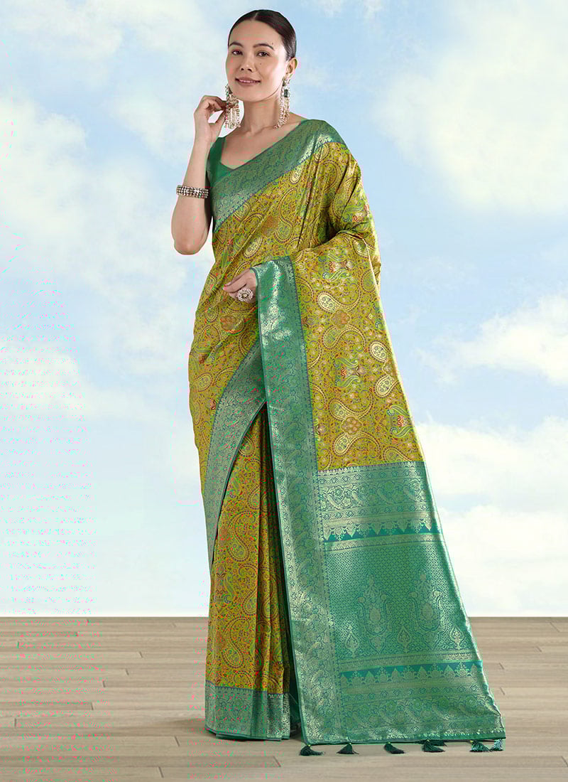 Radiant Lemon Yellow Banarasi Silk Paisley Zari Woven Saree Festive Wear