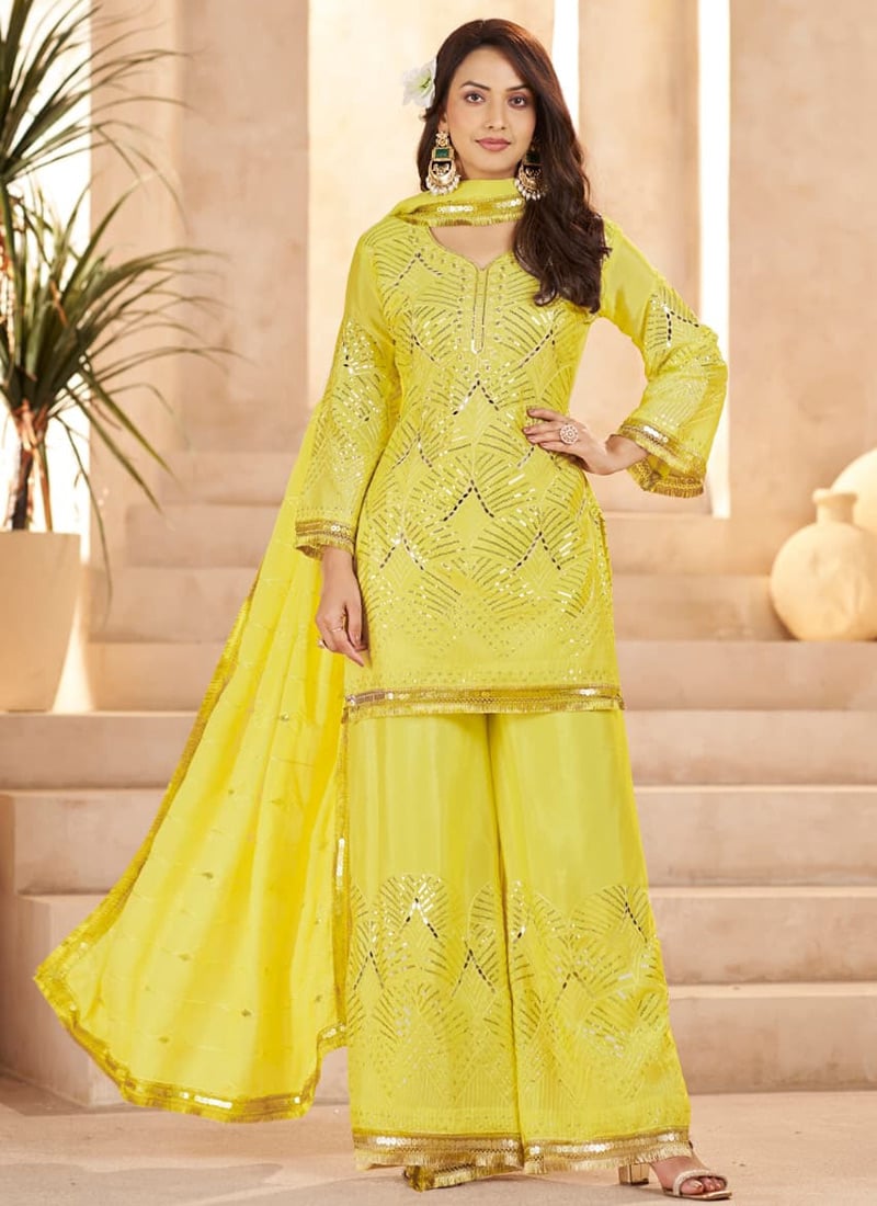 Radiant Lemon Yellow Chinon Embroidered Sequins Mirror Work Palazzo Suit Festive Wear