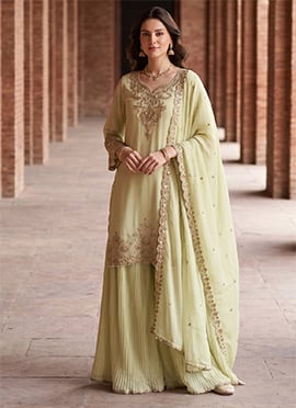 Radiant Lemon Green Georgette Sequins Stone Embroidery Palazzo Suit