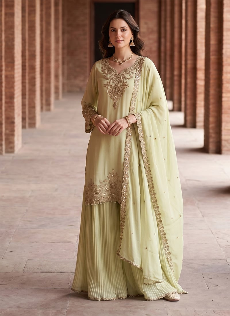 Radiant Lemon Yellow Georgette Sequins Stone Embroidery Palazzo Suit After Six Wear