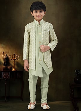 Radiant Light Green Imported Silk And Banarasi Silk Zari Stone Work Kids Boys Indowestern Sherwani