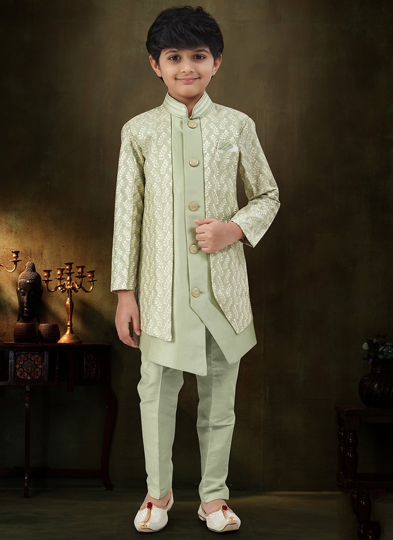 Radiant Light Green Imported Silk And Banarasi Silk Zari Stone Work Kids Boys Indowestern Sherwani Wedding Wear