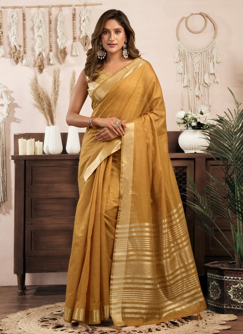 Radiant Light Mustard Khadi Cotton Zari Saree Festive Wear