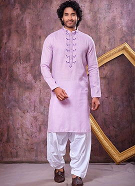 Radiant Light Purple Linen Cotton Embroidered Kurta Pyjama