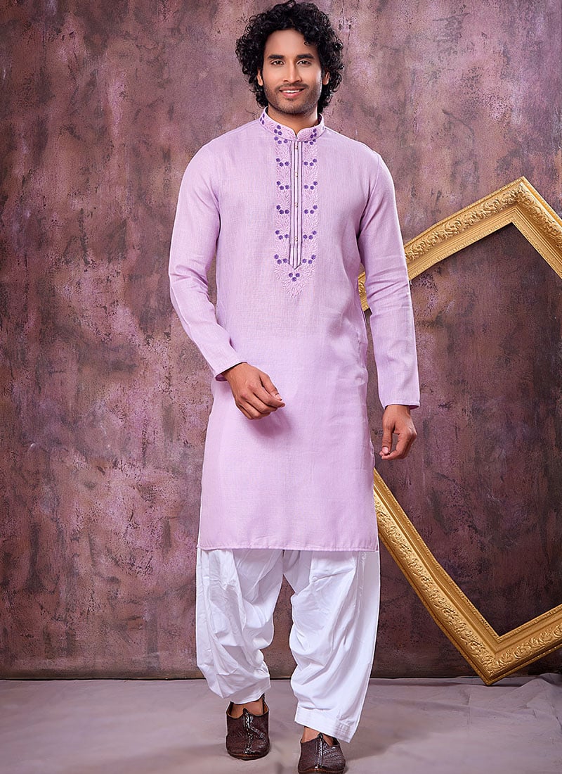 Radiant Light Purple Linen Cotton Embroidered Kurta Pyjama Festive Wear