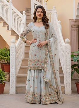 Radiant Light Sky Blue Faux Georgette Embroidered Sequins Sharara Suit