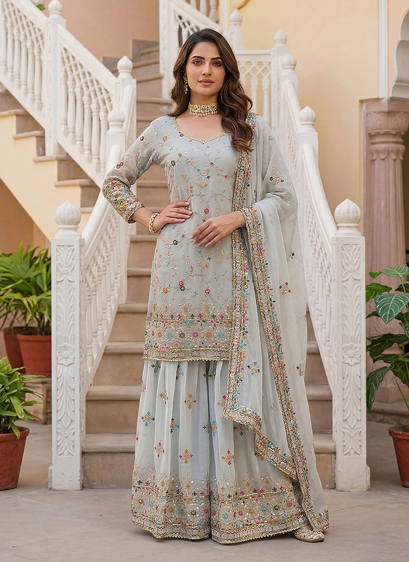 Radiant Light Sky Blue Faux Georgette Embroidered Sequins Sharara Suit After Six Wear