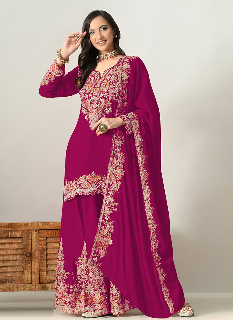 Radiant Magenta Chinon Designer Embroidery Work Palazzo Suit After Six Wear