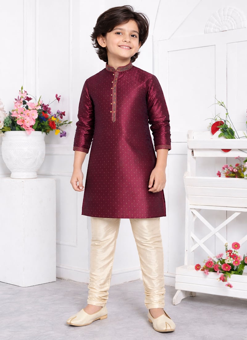 Radiant Magenta Jacquard Silk Brocade Kids Boys Kurta Pyjama Festive Wear
