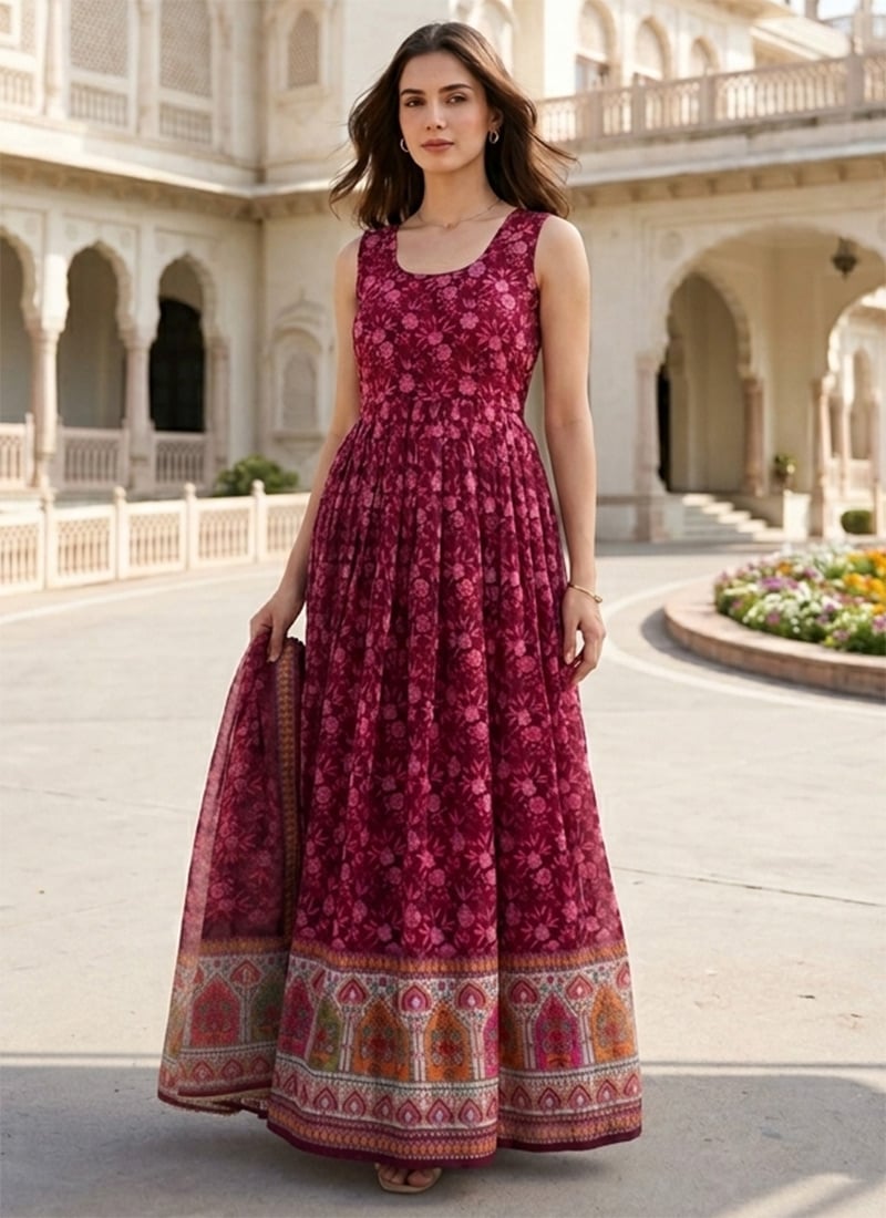Radiant Magenta Organza Digital Print Anarkali Suit After Six Wear