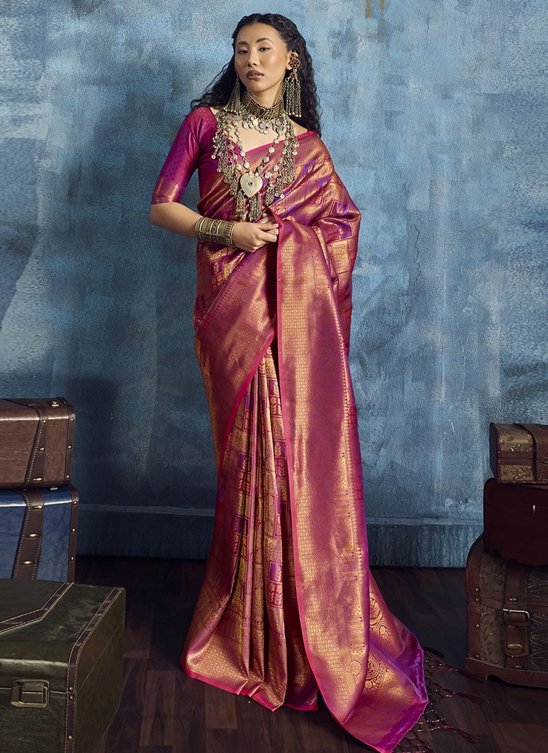 Radiant Magenta Silk Handloom Zari Weaving Saree Festive Wear