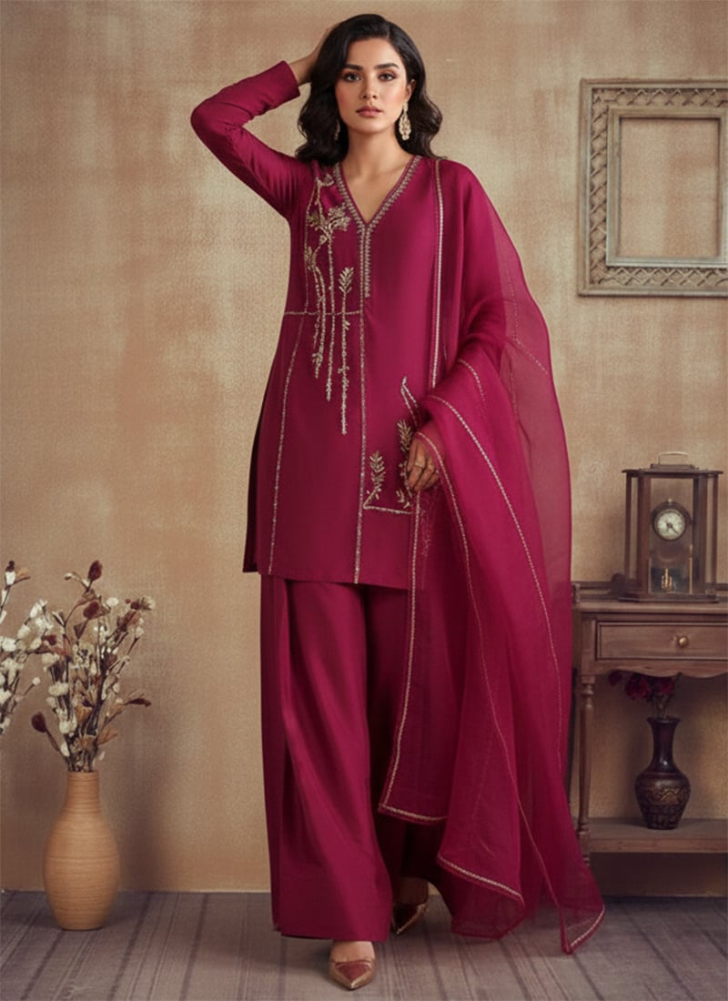 Radiant Magenta Silk Zari Cutdana Hand Embroidered Salwar Suit Festive Wear