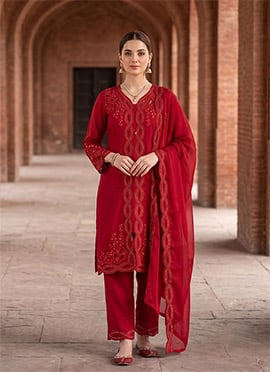 Radiant Maroon Mal Chanderi Applique Work Tikki Work Straight Pant Suit