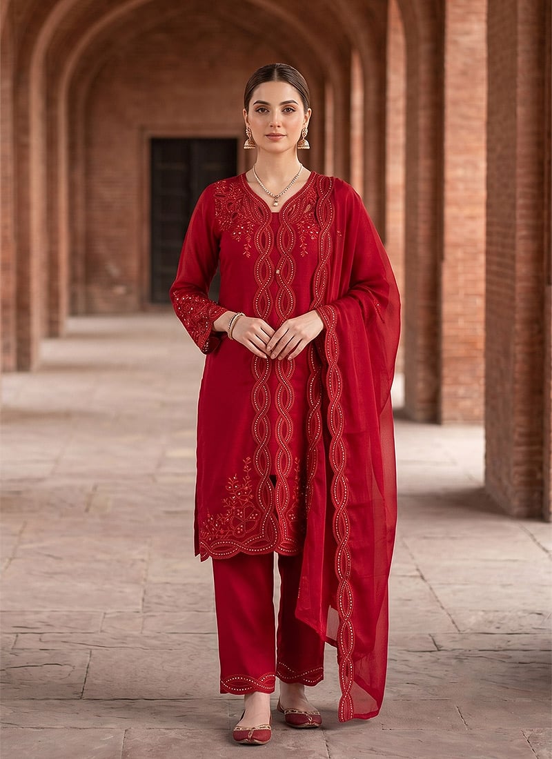 Radiant Maroon Mal Chanderi Applique Work Tikki Work Straight Pant Suit After Six Wear