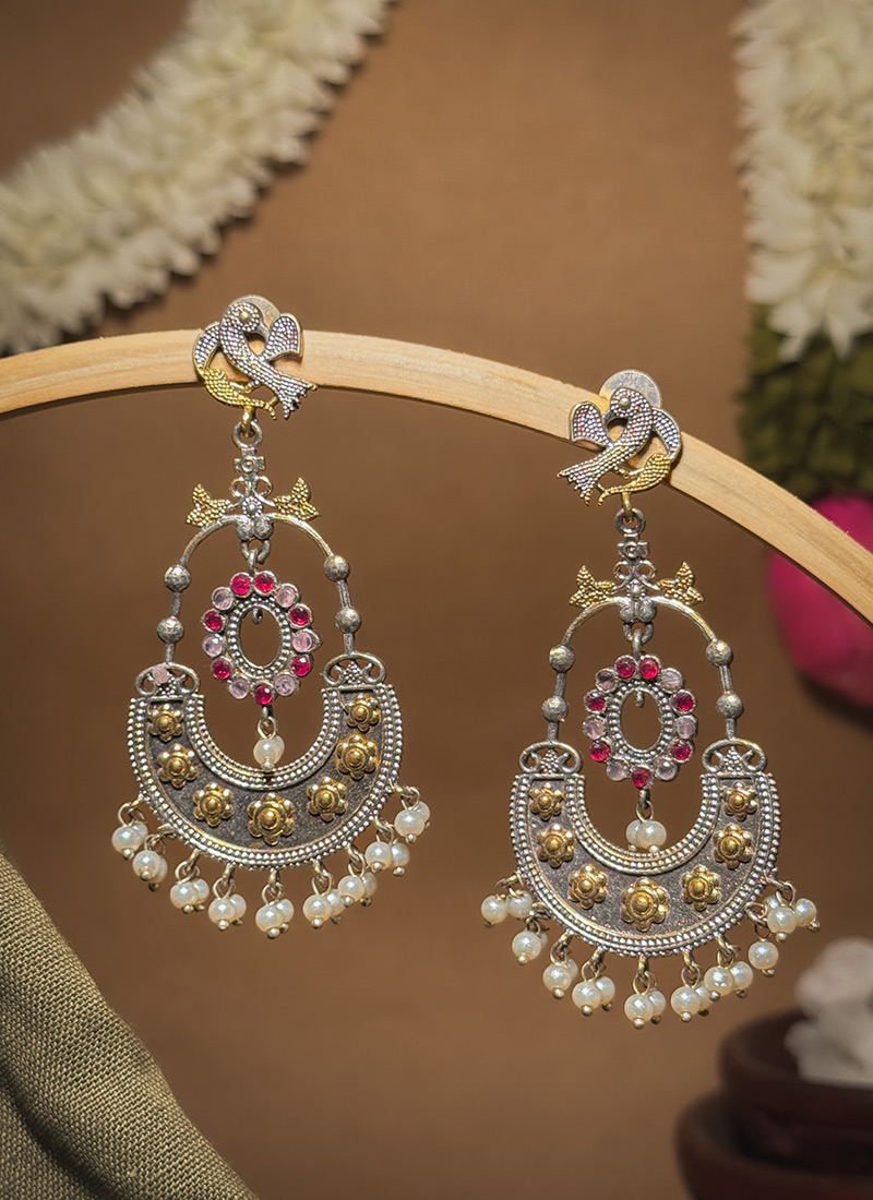 Radiant Maroon Stones Beads Oxidised Chaand Bali Festive Wear