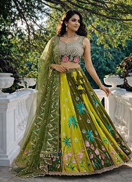 Radiant Mehendi Green Georgette Sequins Embroidered Thread Umbrella Lehenga