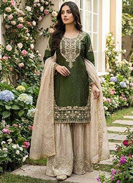 Radiant Mehendi Green Organza Silk Zari Thread Embroidered Sharara Suit