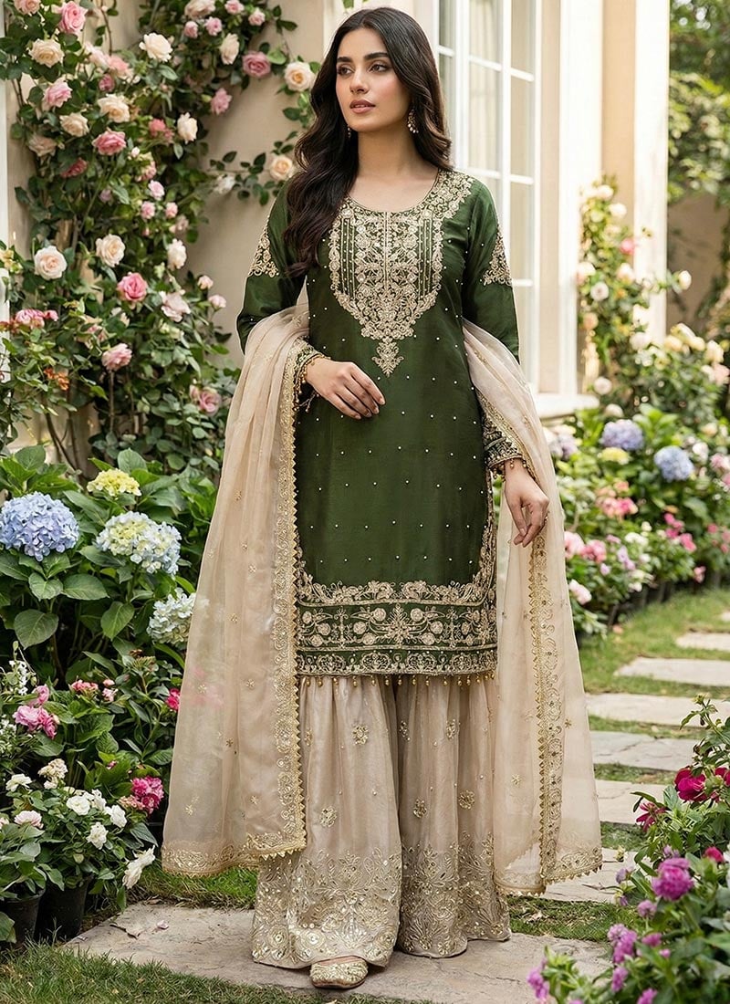 Radiant Mehendi Green Organza Silk Zari Thread Embroidered Sharara Suit Festive Wear