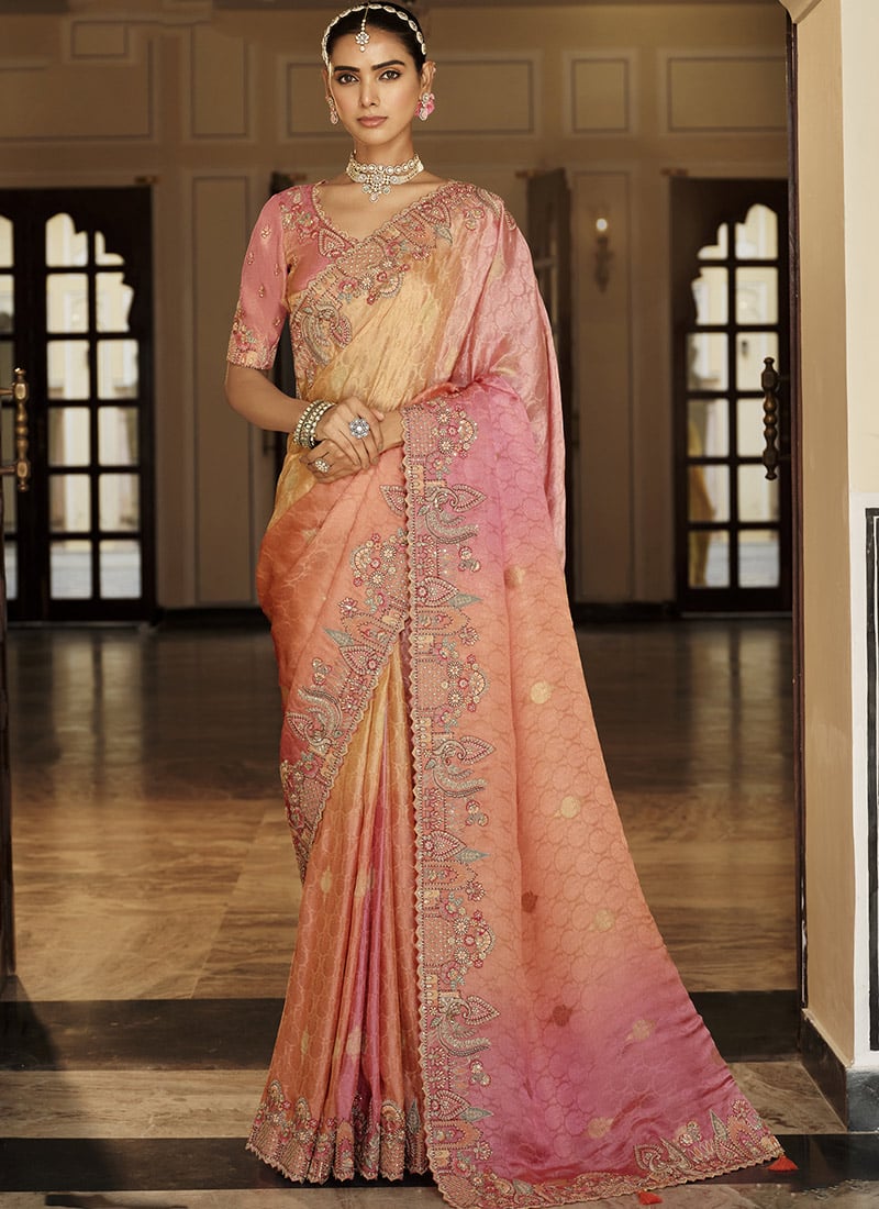 Radiant Multicolor Soft Silk Zari Weaving Heavy Thread Embroidery Khatli Work Saree Wedding Wear