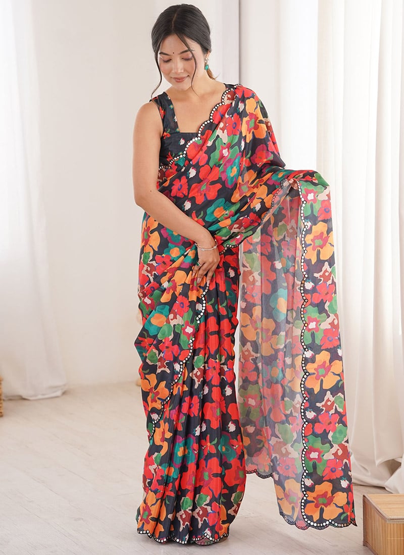 Radiant Multicolored Chinon Digital Floral Print Saree After Six Wear