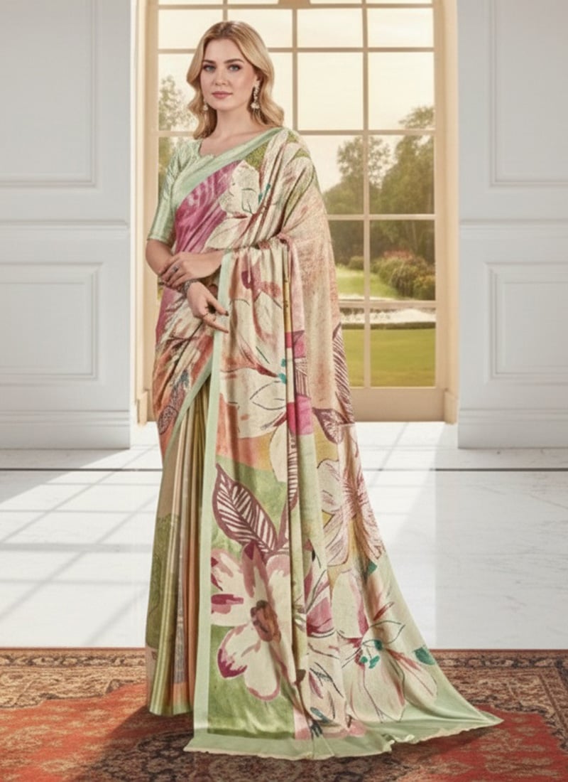 Radiant Multicolored Silk Crepe Digital Print Saree After Six Wear